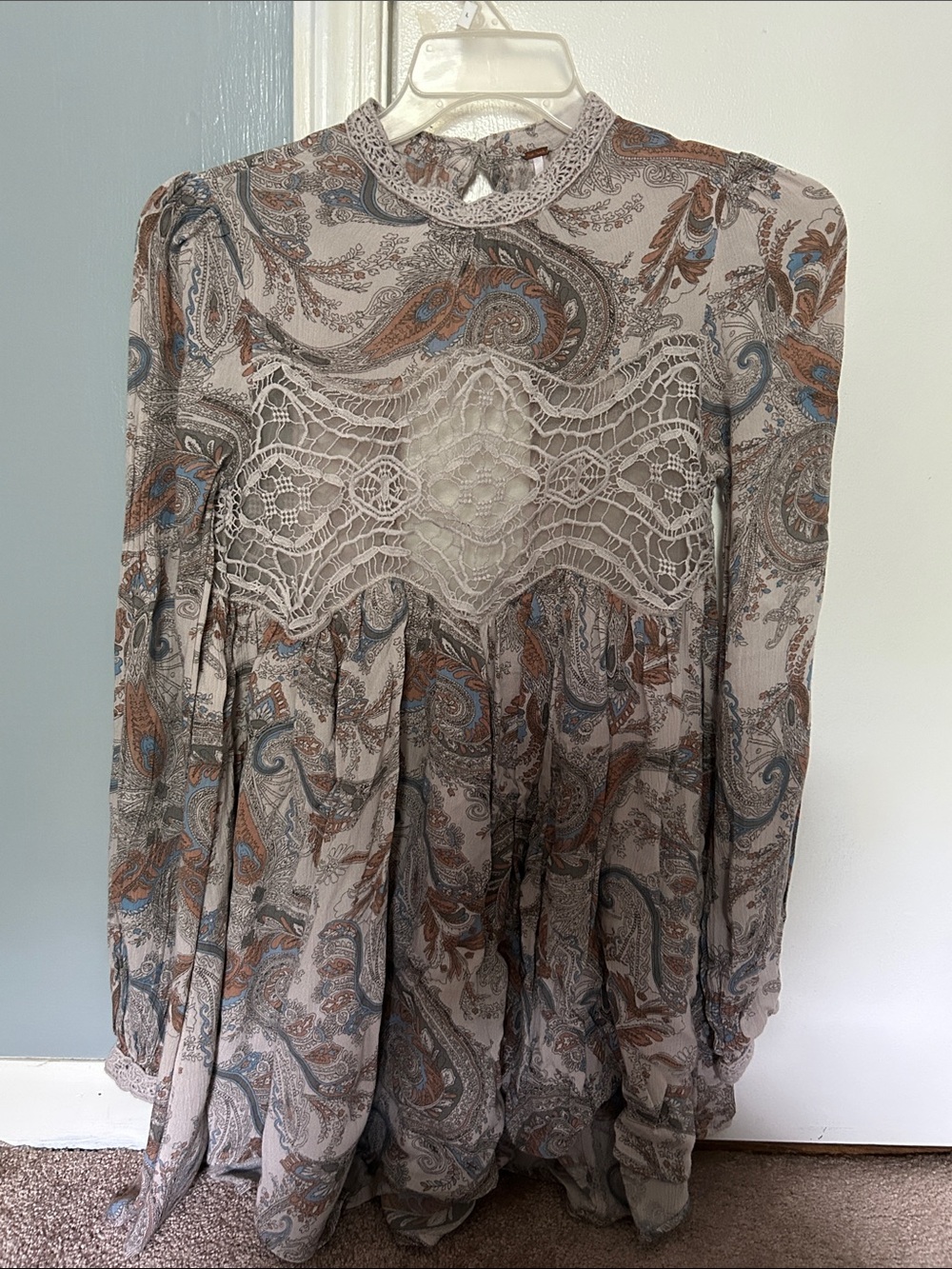 Free People Neutral Paisley Lace-Panel Blouse with Blue and Brown Accents